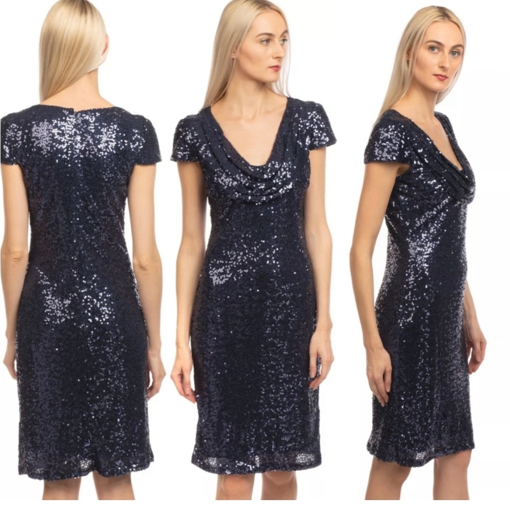 BADGLEY MISCHKA Sparkle Gunmetal Gray Cowl Neck Sequin Allover‎ Cocktail Size 4
